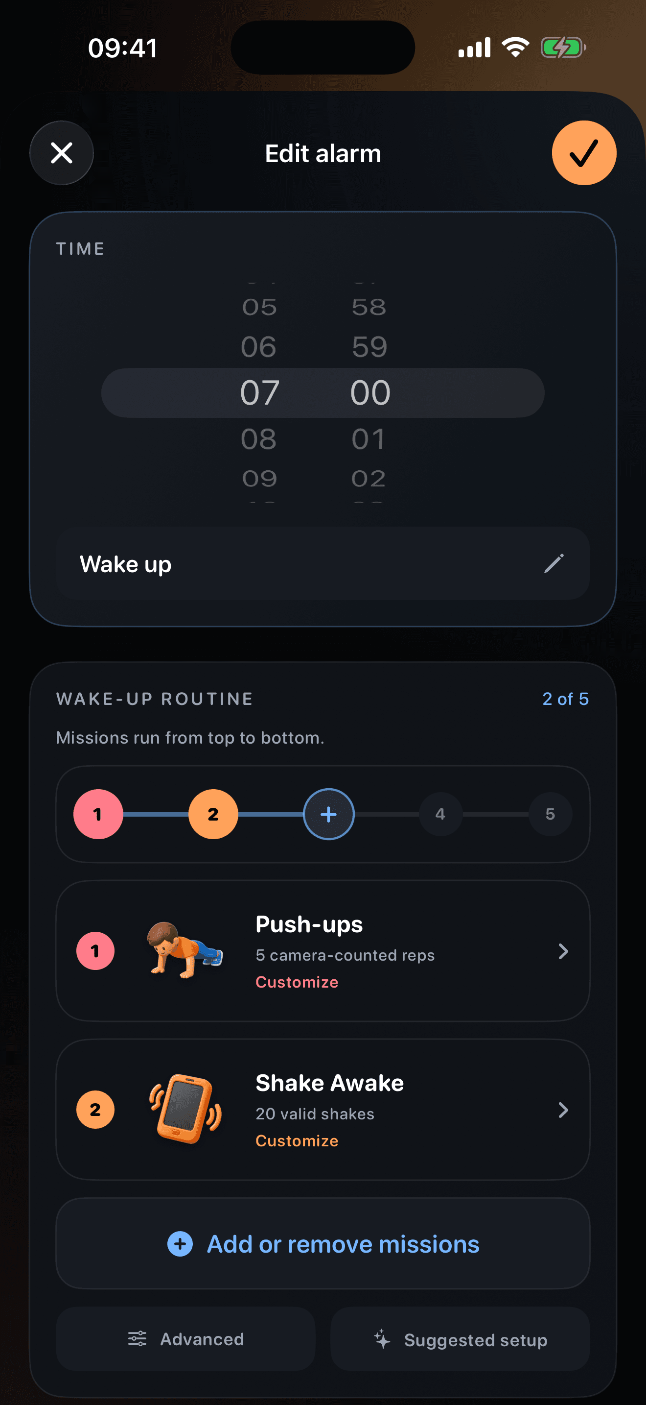 Arun Alarm wake-up routine editor captured from the iPhone 17 Pro Max Simulator